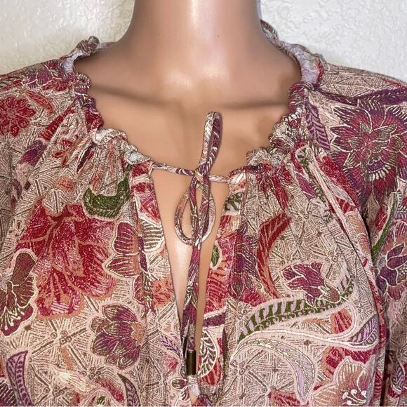 VICI Womens blouse Pink Red Floral Metallic Threading Flowy Boho top Size SM - Picture 9 of 10
